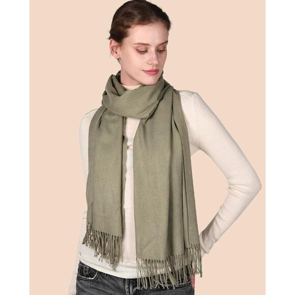 Women's Olive Pashmina Shawl Wraps Cashmere Feel Winter Scarf Soft Warm Blanket - Picture 3 of 4